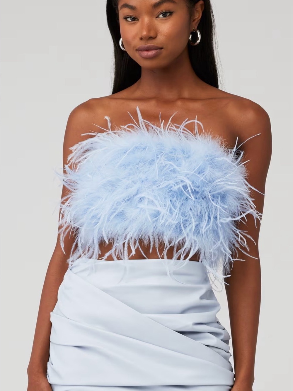 Lamarque Light Blue Feathered Strapless Crop Top